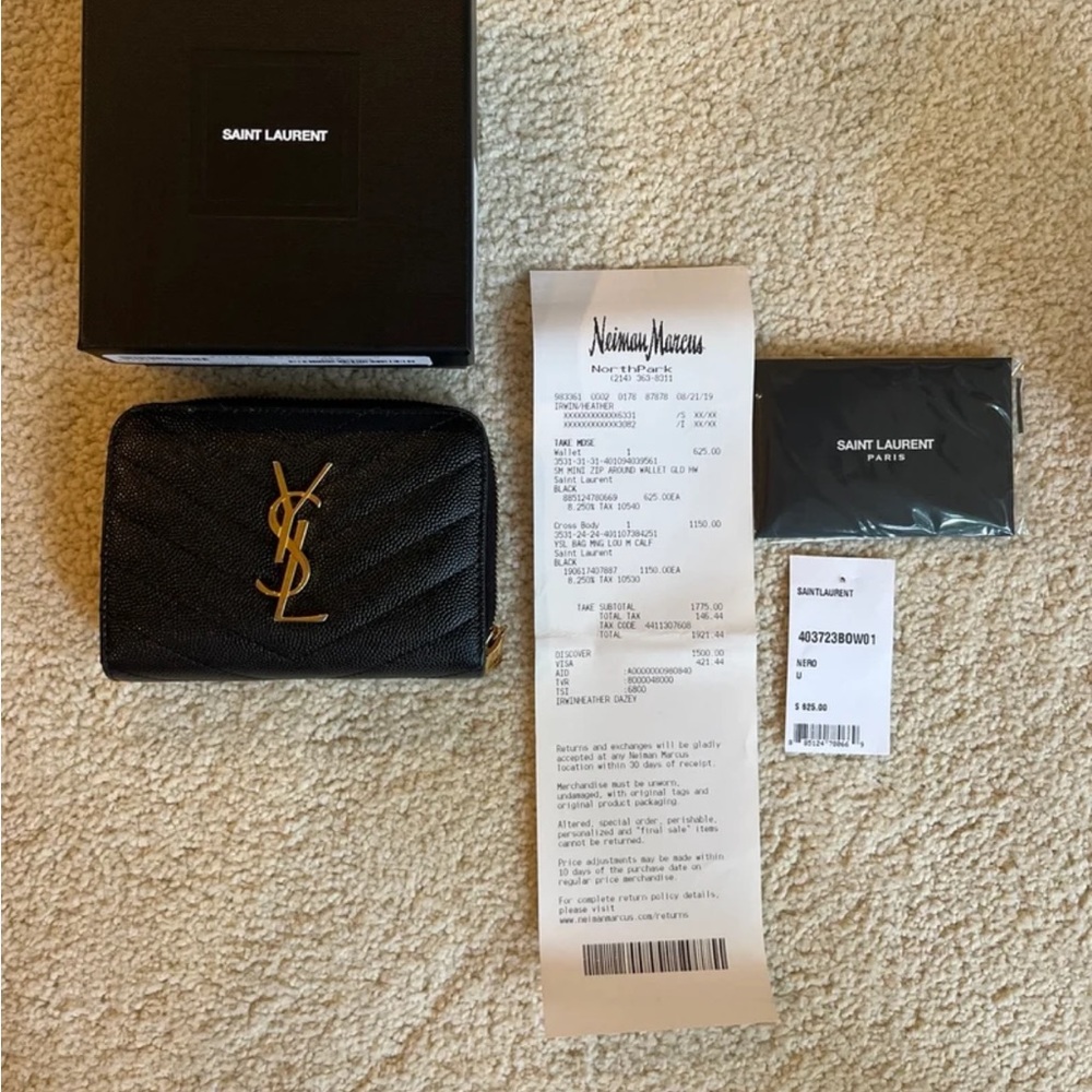 Authentic YSL Saint Laurent Quilted Black Wallet with Gold Monogram